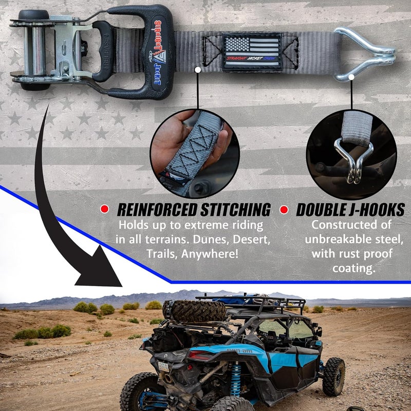 Straight Jacket Crew Y Strap for Spare Tire - Heavy Duty Spare Tire Strap 3 Point Ratchet for UTV, Offroad Accessories or Roof Rack | 1.6" Wide 3 Way Strap Can Secure Up to 40" Tire by (Grey) - Image 4